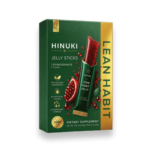 Hinuki 1 pakkaus — vihreä Lean Habit -rasia, jossa 10 granaattiomena-hyytelötikkua