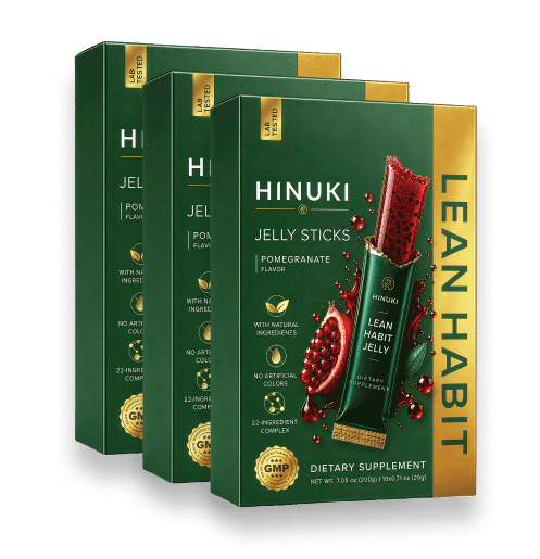 Hinuki 3 pakkauksen setti — kolme vihreää Lean Habit -hyytelötikkurasiaa