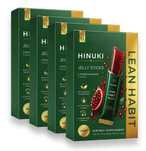 Hinuki 4 pakkauksen setti — neljä vihreää Lean Habit -hyytelötikkurasiaa, suosituin